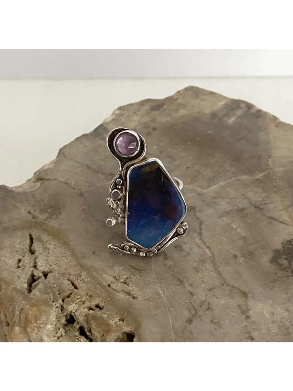 Sterling Silver 925 Brutalist Modernist Amethyst & Agate Ring Adjustable 7.5 - 8